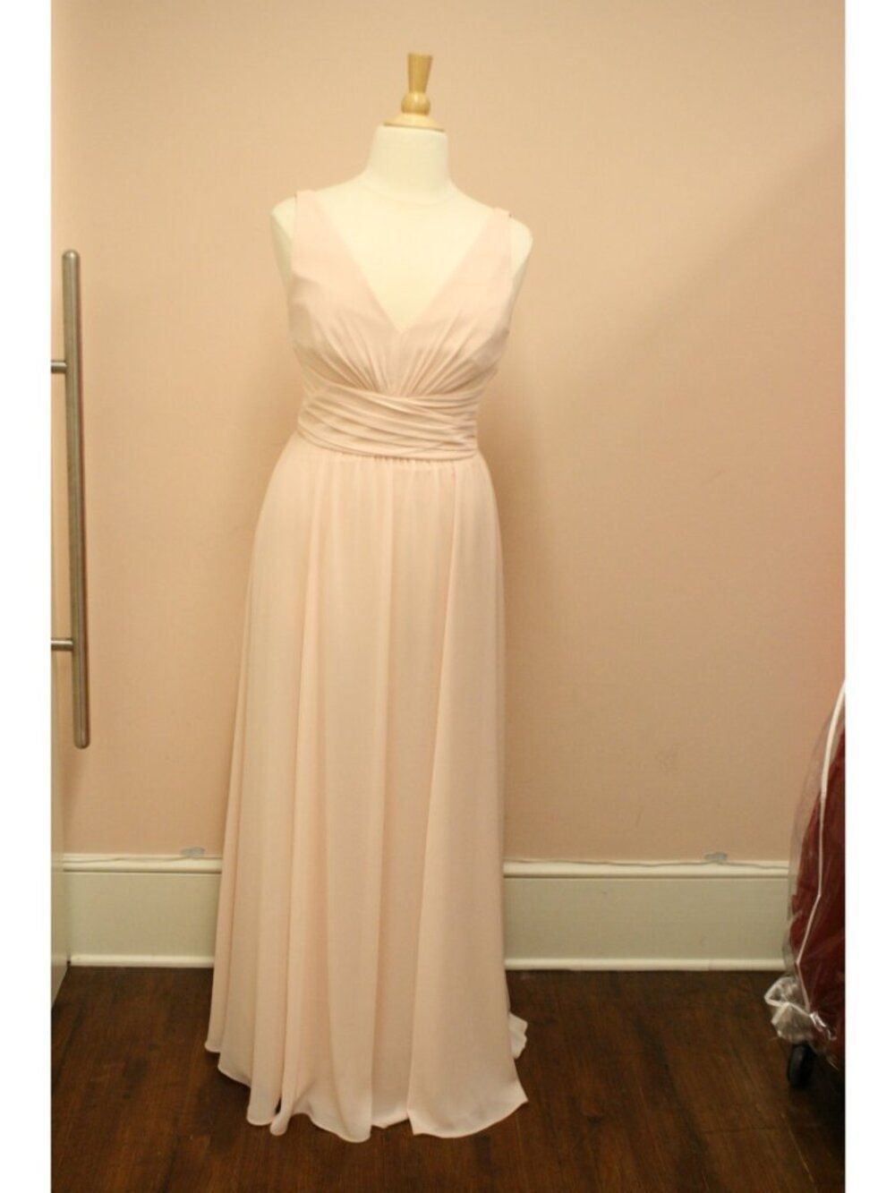 Long Chiffon Blush Bridesmaid Dress Wide Strap Ruched Waist Amsale